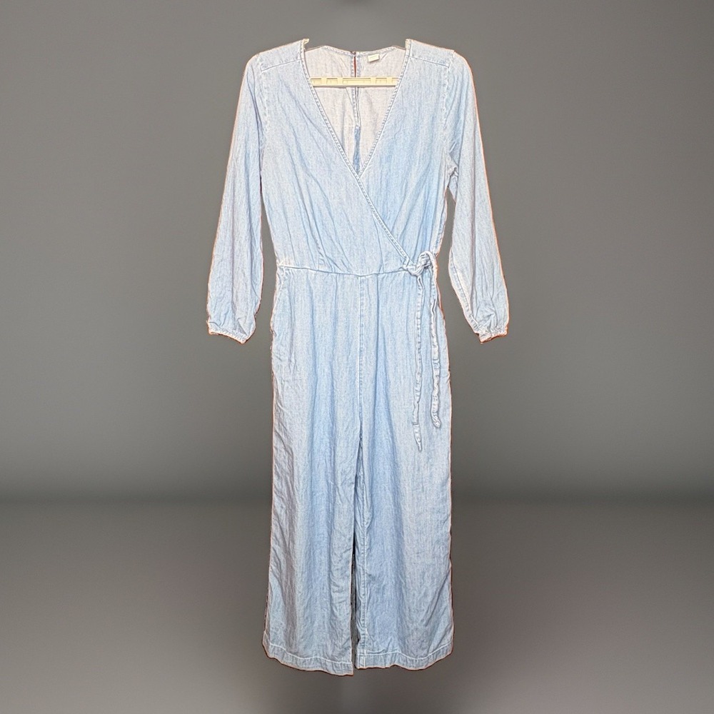 Old Navy Chambray Jumpsuit Women's S Blue Cropped Cottagecore Boho Coastal Tie